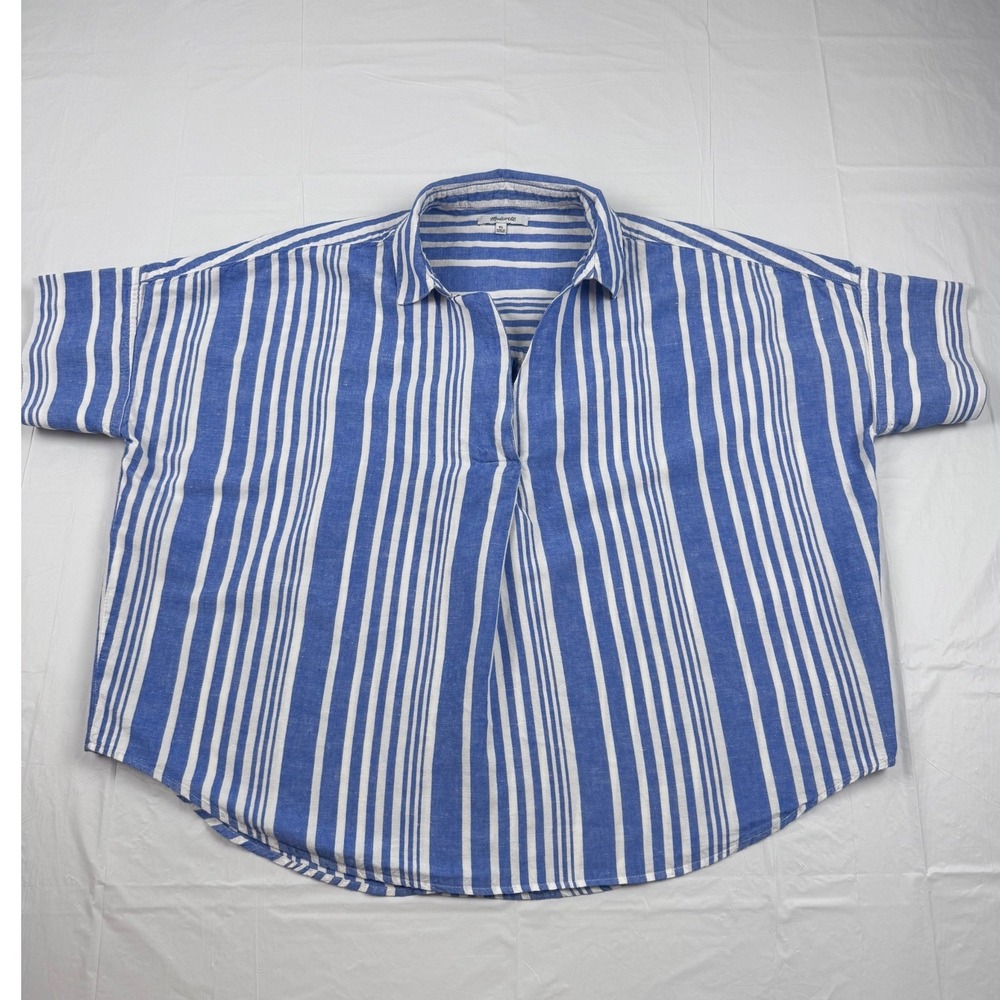 Madewell Courier Popover Shirt XL Blue White Stripe Linen Blend Button Back Top - Picture 5 of 10